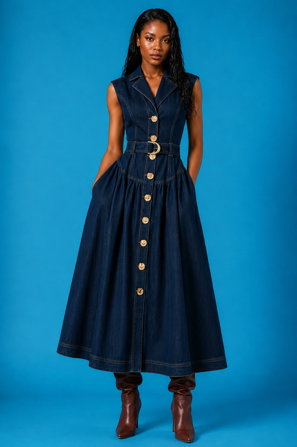 Robe longue en jean ceinturée