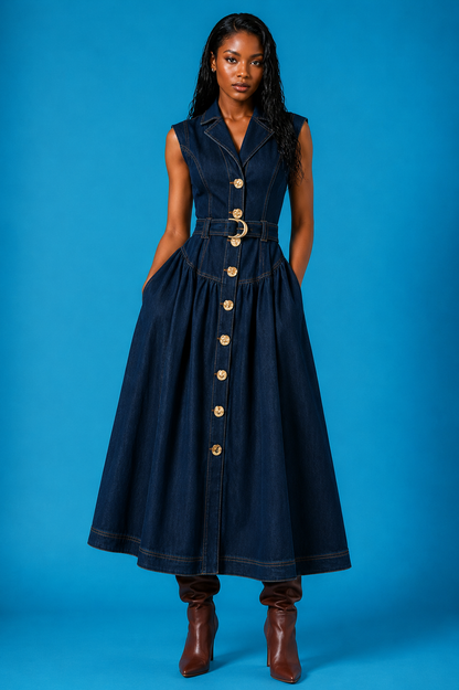 Robe longue en jean ceinturée