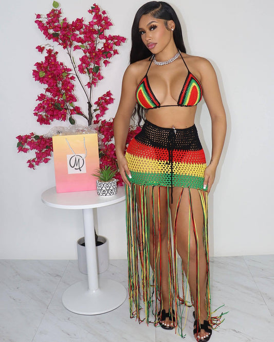Jamaican Gyal Tassel Knitted Skirt Set