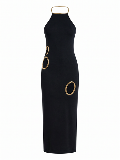 Gold Trim Cutout Knit Maxi Dress