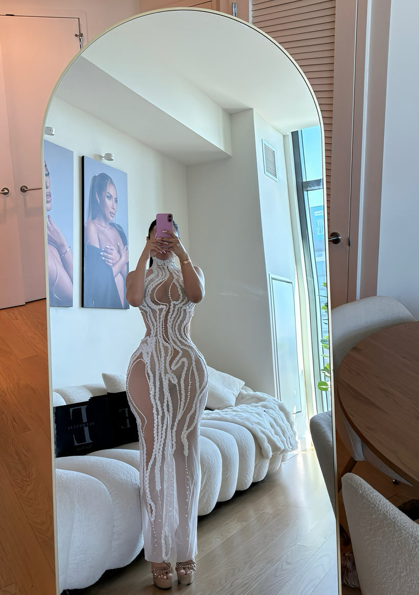Pearl Sequined Mesh Maxi Dress