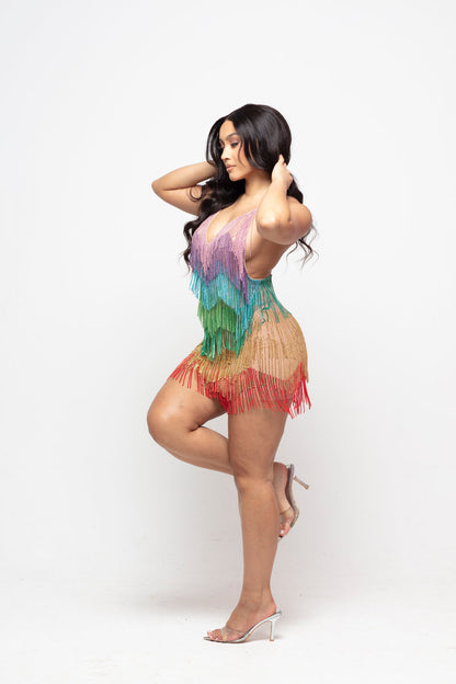Blingbling Rainbow Tassel Fringe Mini Dress
