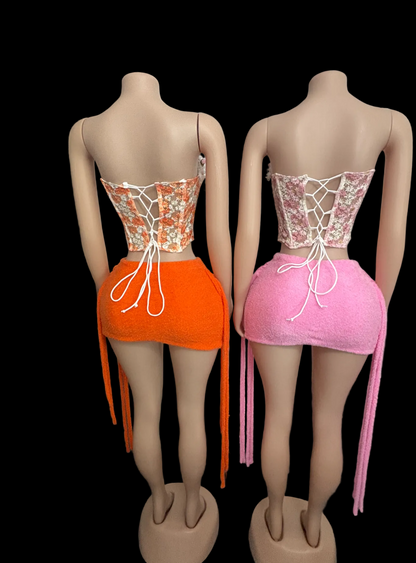 Floral Embroidery Corset Skirt Set