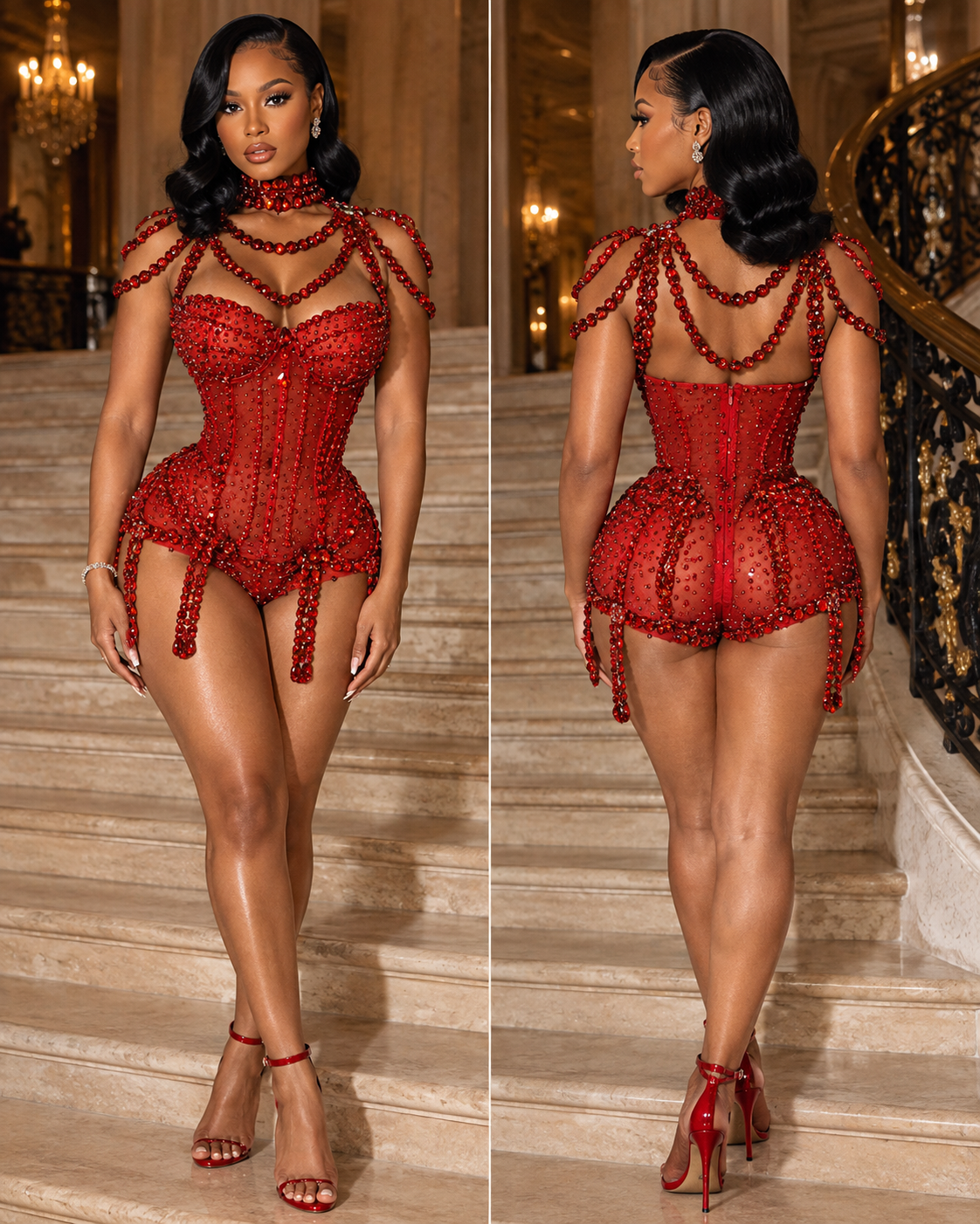 Red Rhinestone Mesh Bodysuit