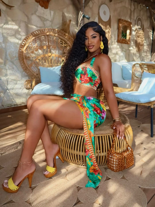 Retro Print Bikini 3Pcs Set