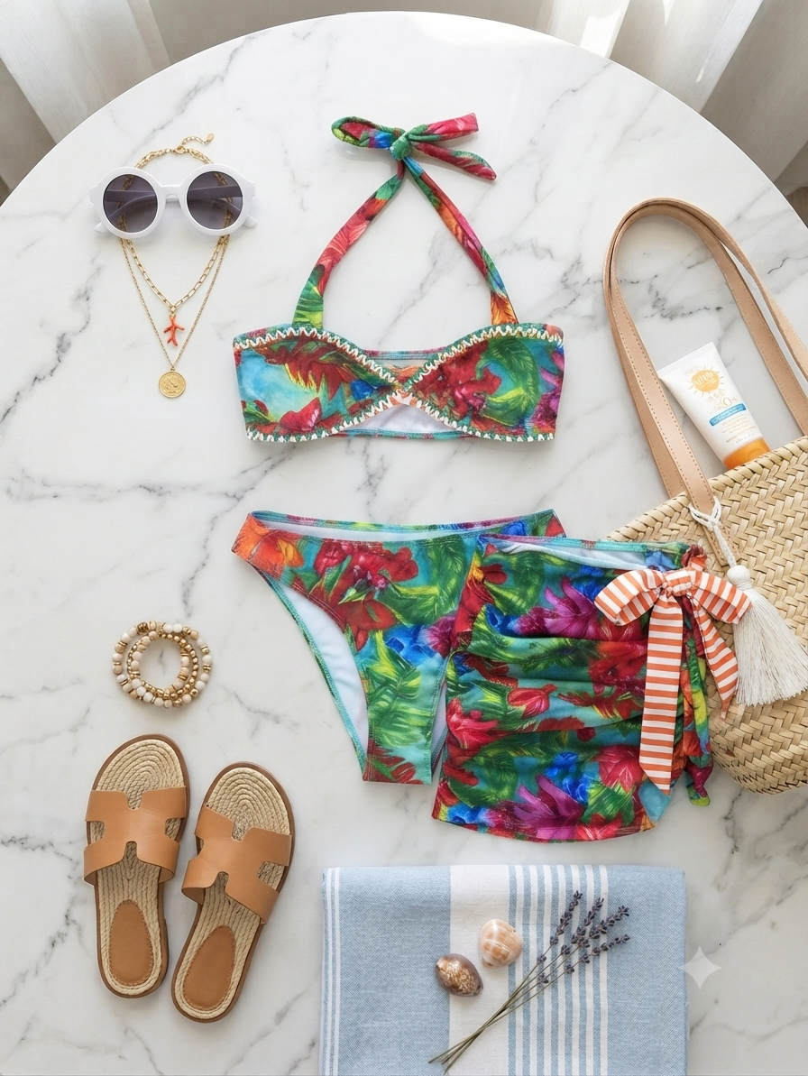 Retro Print Bikini 3Pcs Set