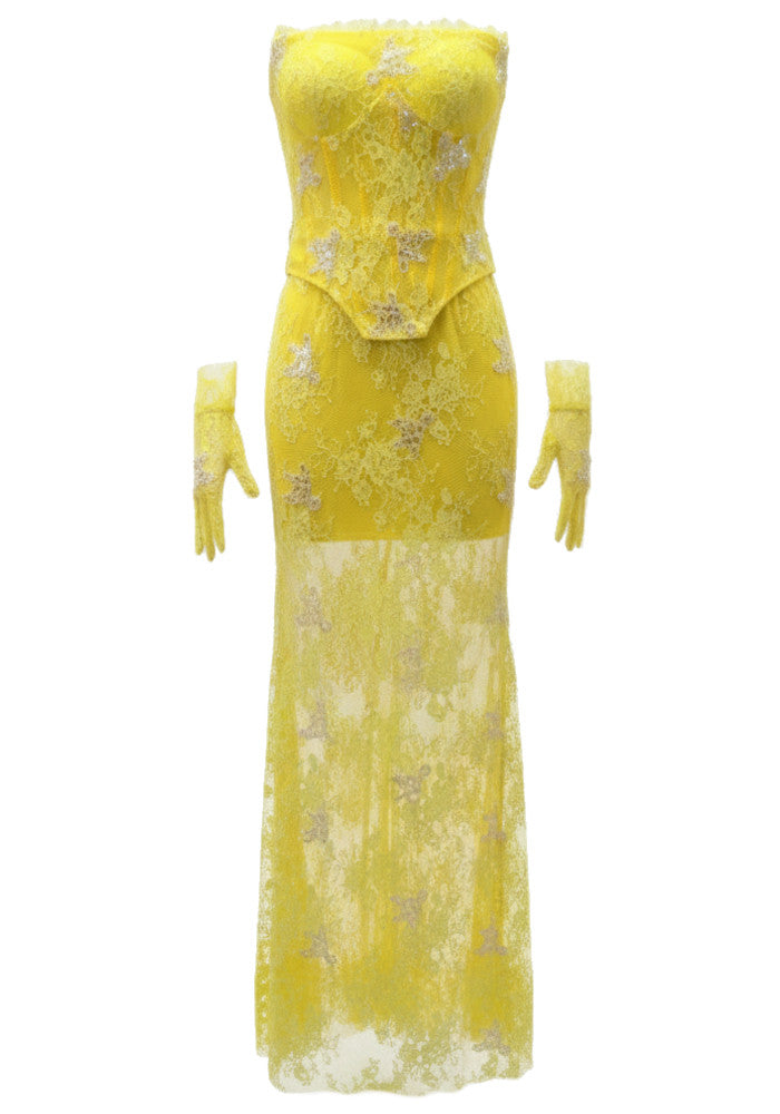 Yellow Lace Mermaid Sheer Maxi Dress