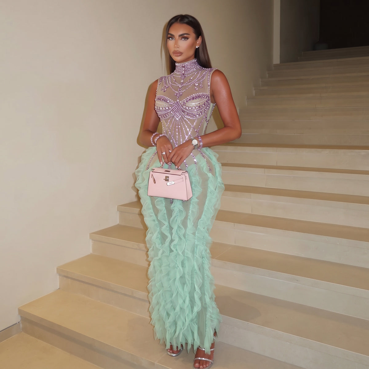 Gaelle Mesh Ruffled  Maxi Dress