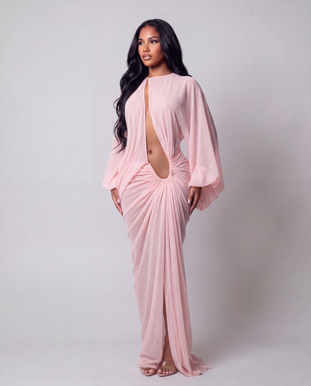 Klarissa Ruched Lantern Sleeve Maxi Dress