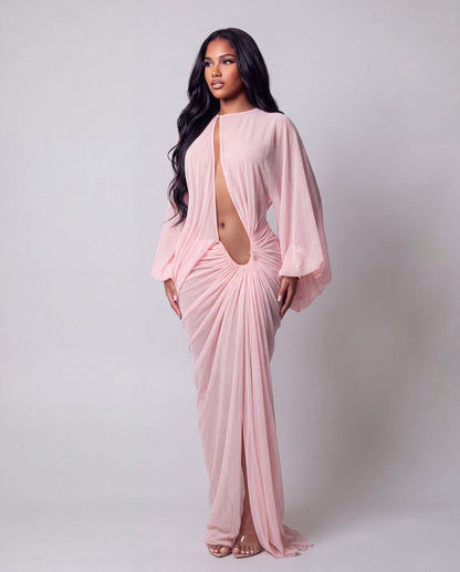 Klarissa Ruched Lantern Sleeve Maxi Dress