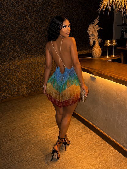 Blingbling Rainbow Tassel Fringe Mini Dress