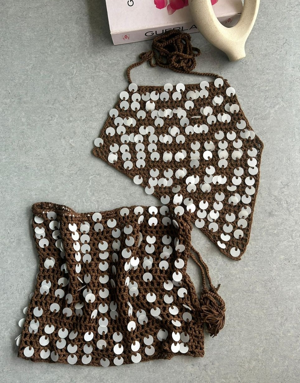 Crochet Sequined Knit Skirt Set