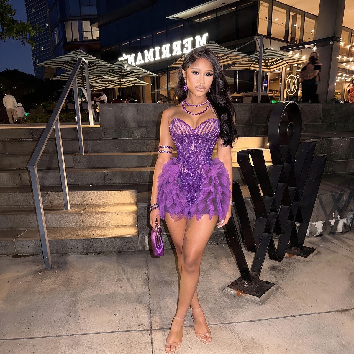 Purple Rain Mesh Ruffled Mini Dress