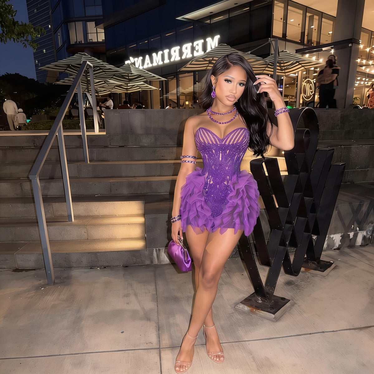 Purple Rain Mesh Ruffled Mini Dress
