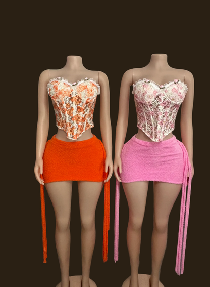 Floral Embroidery Corset Skirt Set