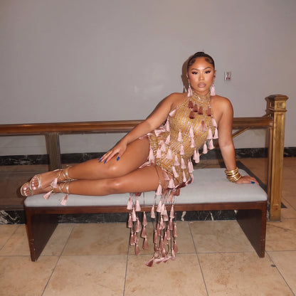 Olanda Mesh Bodysuit Tassel Dress