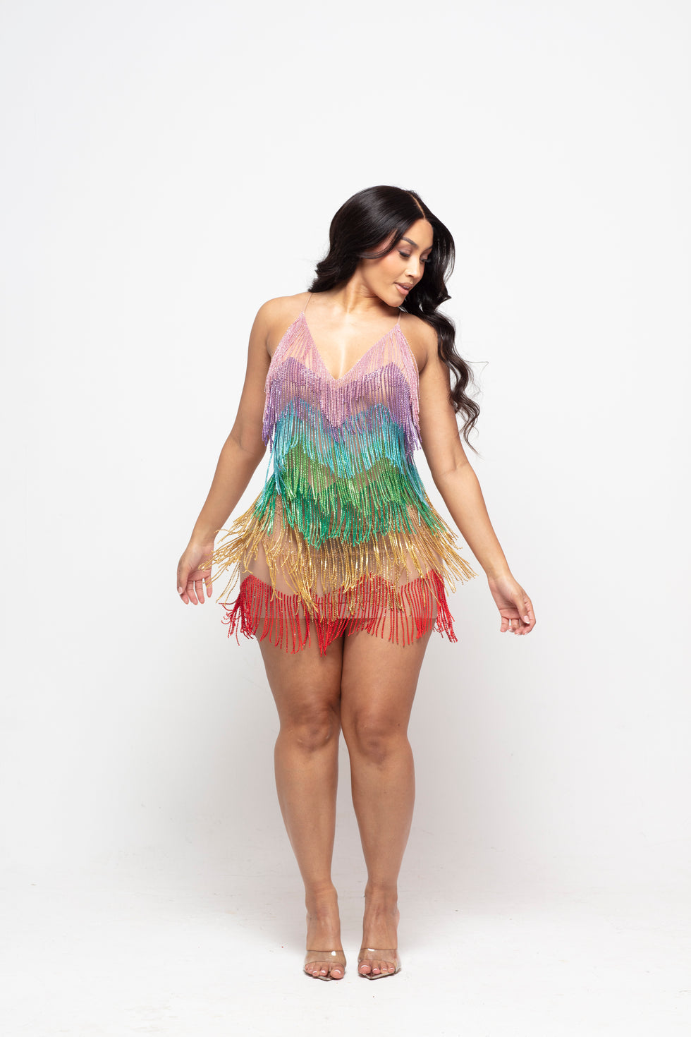 Blingbling Rainbow Tassel Fringe Mini Dress