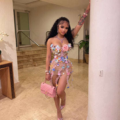 Garden Petal Rhinestone Mesh Dress