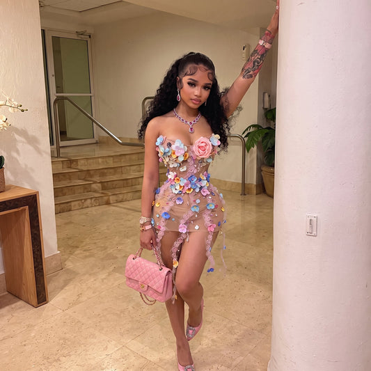 Garden Petal Rhinestone Mesh Dress