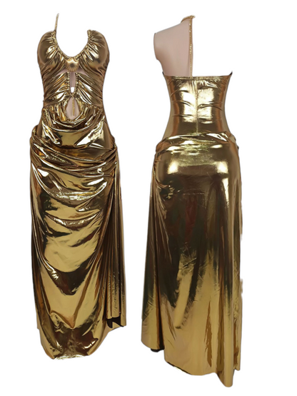 Gold Metallic Ruched Maxi Dress
