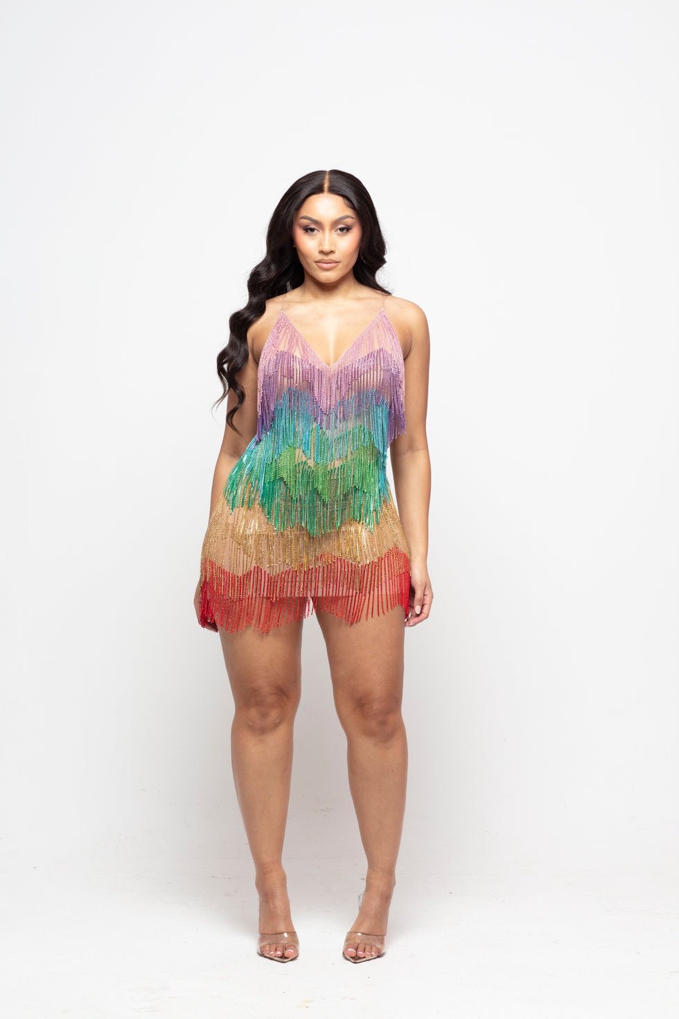 Blingbling Rainbow Tassel Fringe Mini Dress
