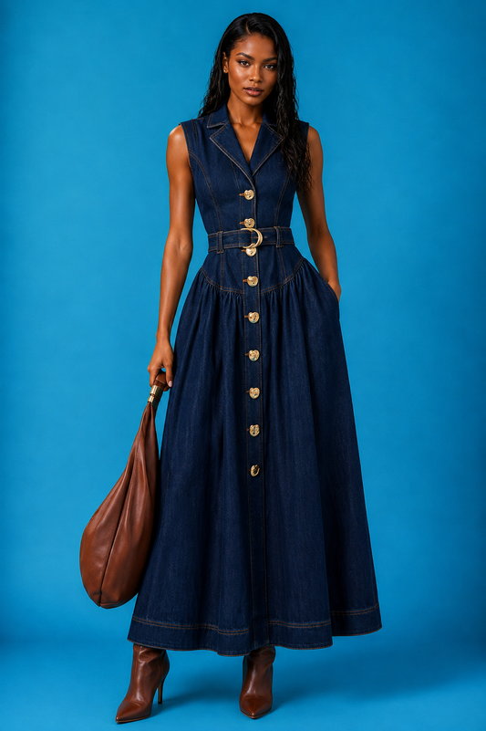 Robe longue en jean ceinturée